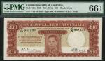 Commonwealth of Australia, ｣10, ND (1949), serial number V/15 957230, maroon on green and orange und