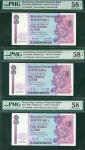 1988年渣打银行50元连号3枚，编号D238198－200，均评PMG58EPQ