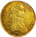 COLOMBIA. 1765-JV 8 Escudos. Santa Fe de Nuevo Reino (Bogotá) mint. Carlos III (1759-1788). Restrepo