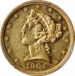 1904 Liberty Head Half Eagle. JD-1, the only known dies. Rarity-4. Proof. AU Details--Cleaned (PCGS)