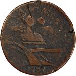 1787 New Jersey Copper. Maris 57-n, W-5315. Rarity-6. Camel Head--Overstruck on a 1788 Connecticut C