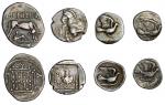 A quartet of Greek Silver Fractions. Includes: Maroneia. Drachm, 398/7-386/5 BC. Forepart of horse l