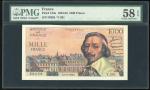 France, Banque de France, 1000 francs, 1956, serial number 59258 / V.291, (Pick 134a), PMG 58EPQ Cho