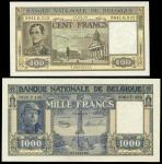 Banque Nationale de Belgique, 100 francs, 1948, 1000 francs, 1945 100 francs, brown, Leopold I at le