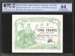FRENCH SOMALILAND. Banque de LIndo-Chine. 5 Francs, 1.8.1923. P-4As. Specimen. PCGS BG Choice Uncirc