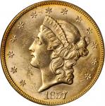 1857-S Liberty Head Double Eagle. Variety-20D. Bold 7, Faint S. Gold S.S. Central America Label. MS-