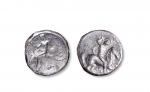 古希腊海豚少年银币一枚，直径：20mm，重：7.74g，面值1诺姆斯。公元前272-前240年。正面：波塞冬之子塔拉斯骑海豚，背面：战士持矛骑像。塔兰托位于现今意大利最南端的卡拉布里亚地区，是由斯巴达