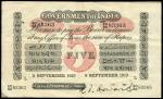 Government of India, 5 rupee, (L) Lahore, 8 September 1913, serial number EC/86 83363 black and whit