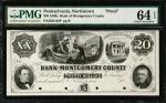 Norristown, Pennsylvania. Bank of Montgomery County. 1850s  $20. PMG Choice Uncirculated 64 EPQ. Pro