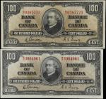 1937年加拿大银行100圆。两张。CANADA. Lot of (2). Bank of Canada. 100 Dollars, 1937. BC-27b. Very Fine.