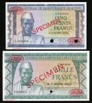 1960年几内亚500及1000法郎样票一对，编号1，德拉鲁印制，均UNC. Bank of the Republic of Guinea, a pair of 500 and 1000 francs