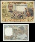 Banque de Madagascar et des Comores, 100 and 5000 francs, 1950, serial numbers Q94 471 & M618 592, 1