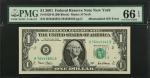 Fr. 1926-B. 2001 $1 Federal Reserve Note. New York. PMG Gem Uncirculated 66 EPQ. Mismatched Serial N
