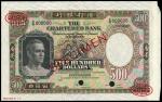 The Chartered Bank, Hong Kong, specimen $500, ND (1962), serial number Z/N 000000, green, pink and b