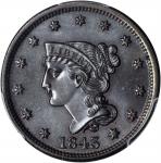 1843 Braided Hair Cent. N-4, 13. Rarity-1. Petite Head, Large Letters. MS-65 BN (PCGS). CAC.