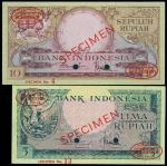 Indonesia, 5 and 10rupiah, Specimen, no date (1957), featuring an orangutan and stag respectively, h