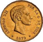 SPAIN, Madrid, gold 25 pesetas, Alfonso XII, 1879 EM-M, with 18-79 inside stars, NGC UNC details / o