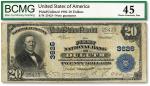 美国国家银行券（National Currency）1906年20美元，由美国财政部担保授权明尼苏达州的德卢斯市第一国民银行（First National Bank of Duluth）发行，上印前财