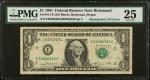 Fr. 1911-E. 1981 $1 Federal Reserve Note. Richmond. PMG Very Fine 25. Mismatched Serial Number Error