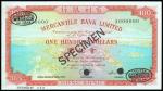 Mercantile Bank Limited, $100, Specimen, 1970, serial number A000000, red, green and blue, view of H