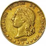 COLOMBIA. 1867 10 Pesos. Medellín mint. Restrepo M333.2. EF-45 (PCGS).