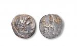 古希腊蛮族版大力神银币一枚，直径：23mm，重：16.89g，面值4德拉克马。公元前三世纪。东欧的凯尔特蛮族部落为了和希腊人贸易，模仿马其顿王国亚历山大三世银币所打制。正面是戴狮皮盔的大力神赫拉克勒斯