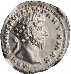MARCUS AURELIUS, A.D. 161-180. AR Denarius (3.47 gms), Rome Mint, A.D. 166-167. NGC Ch AU, Strike: 5