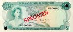 BAHAMAS. Bahamas Monetary Authority. 1 Dollar, 1968. P-27s. Specimen. Uncirculated.