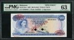 Bahamas Government, specimen $100, 1965, serial number A 000000, blue and pink and pale green, Eliza