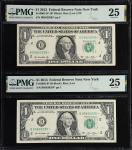 Fr. 3001-B* & 3002-B*. 2013 $1 Federal Reserve Star Notes. New York. PMG Very Fine 25. Duplicated Se