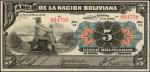 BOLIVIA. Banco De La Nacion Boliviana. 5 Bolivianos, 1911. P-105b. About Uncirculated.