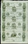 Freehold, New Jersey. Monmouth Bank (1st). 18xx. Uncut Sheet of $1-$1-$2-$3. Very Fine. Remainder.