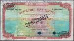 Mercantile Bank, $100, specimen, 1968, serial number A000000, red, green and blue, view of Hong Kong