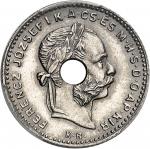 HONGRIE François-Joseph Ier (1848-1916). Essai de 10 francs / 4 forint, avec perforation centrale 18