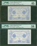 1913年法国银行5法郎2枚一组，编号F.1535 及 U.1625, 分别评PMG 45及58，此对钞票发行超过100年，还保持此等品相实属难得