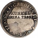KUNKELS / OPERA TROUPE on a 1785-Lima-MJ Peruvian 2 reales. Brunk K-347, Rulau MD-86B. Host coin Ver