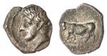Sicily. Panormos (as Ziz). AR Litra, ca. 405-380 BC. 0.61 gms. Male head left, rev. Bull standing le