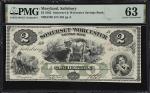Salisbury, Maryland. Somerset & Worcester Savings Bank. 1862 $2. PMG Choice Uncirculated 63.