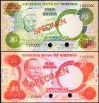NIGERIA. Central Bank of Nigeria. 1 & 5 Naira, (1979-1984). P-P-19s & P-20s. Specimen. Uncirculated.
