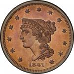 1841 Braided Hair Cent. Newcomb-1. Proof Only. Rarity-5. Proof-65 RB (PCGS).