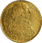 COLOMBIA. 8 Escudos, 1779-NR JJ. Nuevo Reino (Bogota) Mint. Charles III. PCGS AU-58.