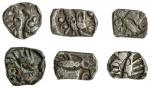 Ancient India. Surasena. Punchmarked coinage Group of AR ½ Karshapana, 400-350 BC. Stylized fish abo