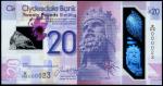 Clydesdale Bank, polymer £20, 11 July 2019, serial number W/HS 000023, purple and lilac, a map of Sc