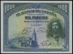 1928年西班牙银行1000比塞塔，编号1224223， PMG58EPQ