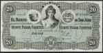 El Banco de San Juan, Argentina, specimen 20 Pesos Fuertes, San Juan, 18- (1876), serial number D 05