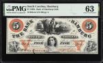 Hamburg, South Carolina. Bank of Hamburg (2nd). 1860s  $5. PMG Choice Uncirculated 63.