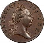 1773 Virginia Halfpenny. Newman 25-M, W-1580. Rarity-2. Period After GEORGIVS, 7 Harp Strings. MS-63