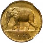 Belgian Congo (struck at the Philadelphia Mint), brass 2 francs, Leopold III, 1947, NGC MS 65.
