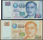 Singapore,$50 and $100, ND(1999), serial number 0LH828886 and 0AD032577,similar design, blue and ora