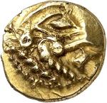 GAULEBellovaques. Quart de statère d’or à l’astre et au cheval à droite ND (50-30 av. J.-C.).